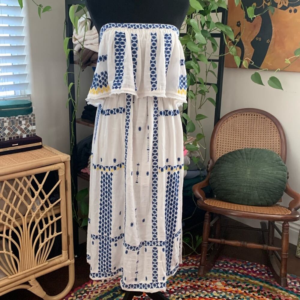 Free People Wild Romance White Blue Aztec Embroidered Strapless Boho Midi Dress